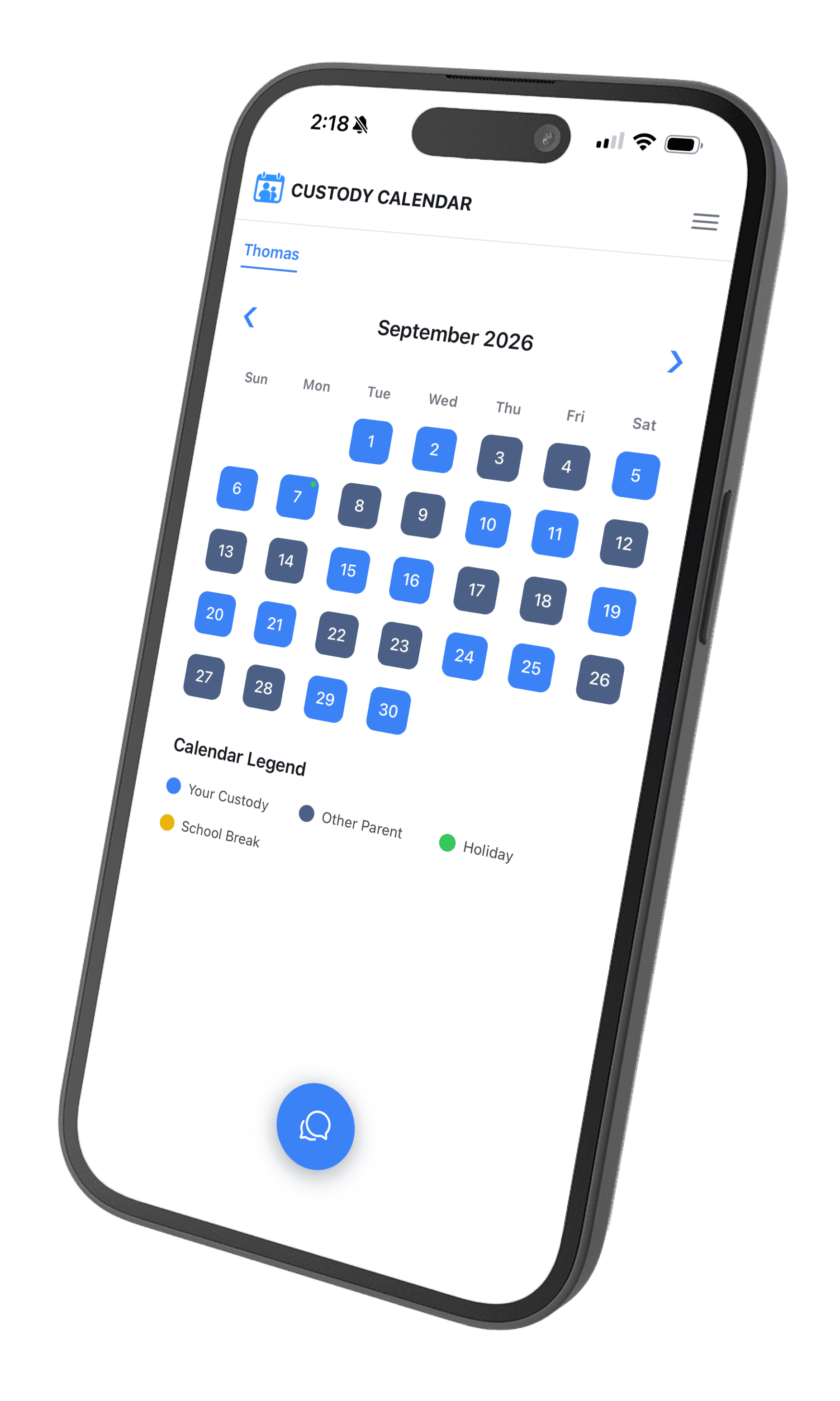 The CustodySplit app on a phone, showing September 2026 in month view. Each day is coloured to show who has the children, with a legend for your custody, the other parent, school breaks, and holidays.